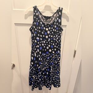 Perceptions Petite Polka Dot Dress 4P Tiered Sleeveless Black Blue Midi Dress